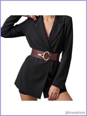 Wide Elastic Waist Belt Faux Leather Gold Buckle Dress Belt